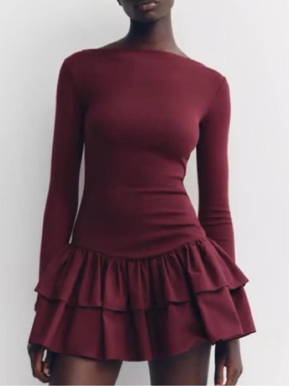 Zara Burgundy Long-Sleeve Ruffle Mini Dress